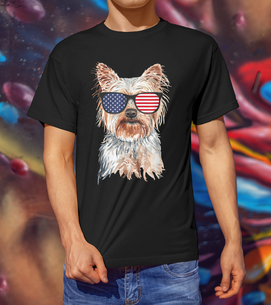 Yorkie Dog With American Flag Sunglasses Patriotic T-Shirt
