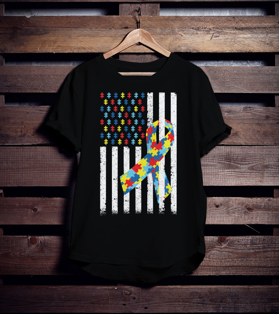 American Flag Jigsaw Puzzle Ribbon Autism Awareness T-Shirt