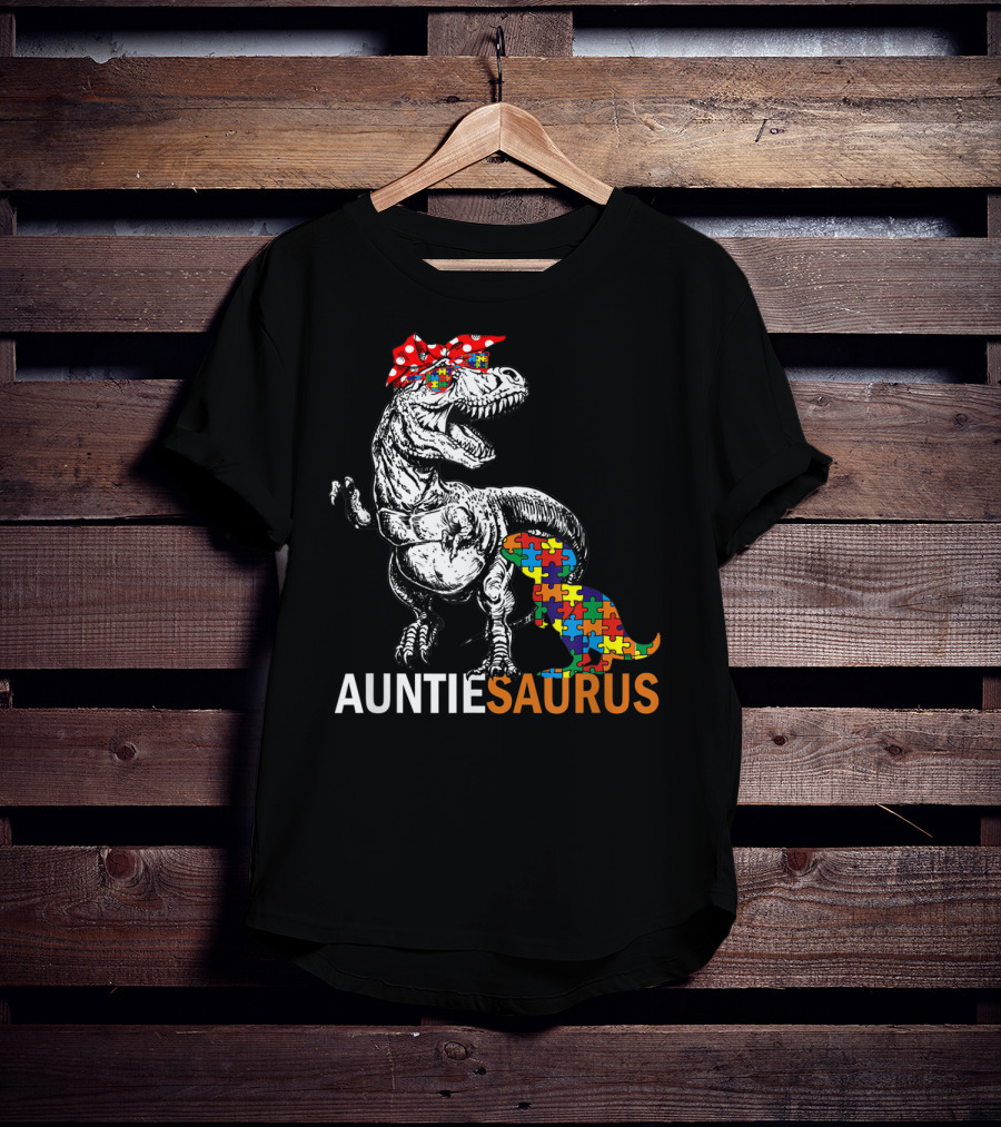 Auntie Saurus Autism Awareness Dinosaur With Puzzle Pieces And Bow T-Shirt