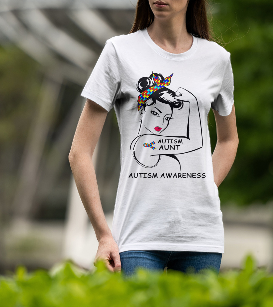 Autism Aunt Awareness Strong Puzzle Ribbon Rosie T-Shirt