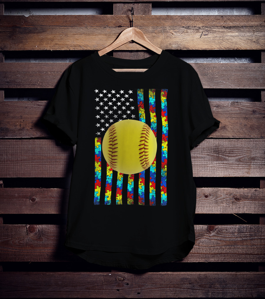 Autism Awareness American Flag Softball Puzzle Piece Stripes T-Shirt