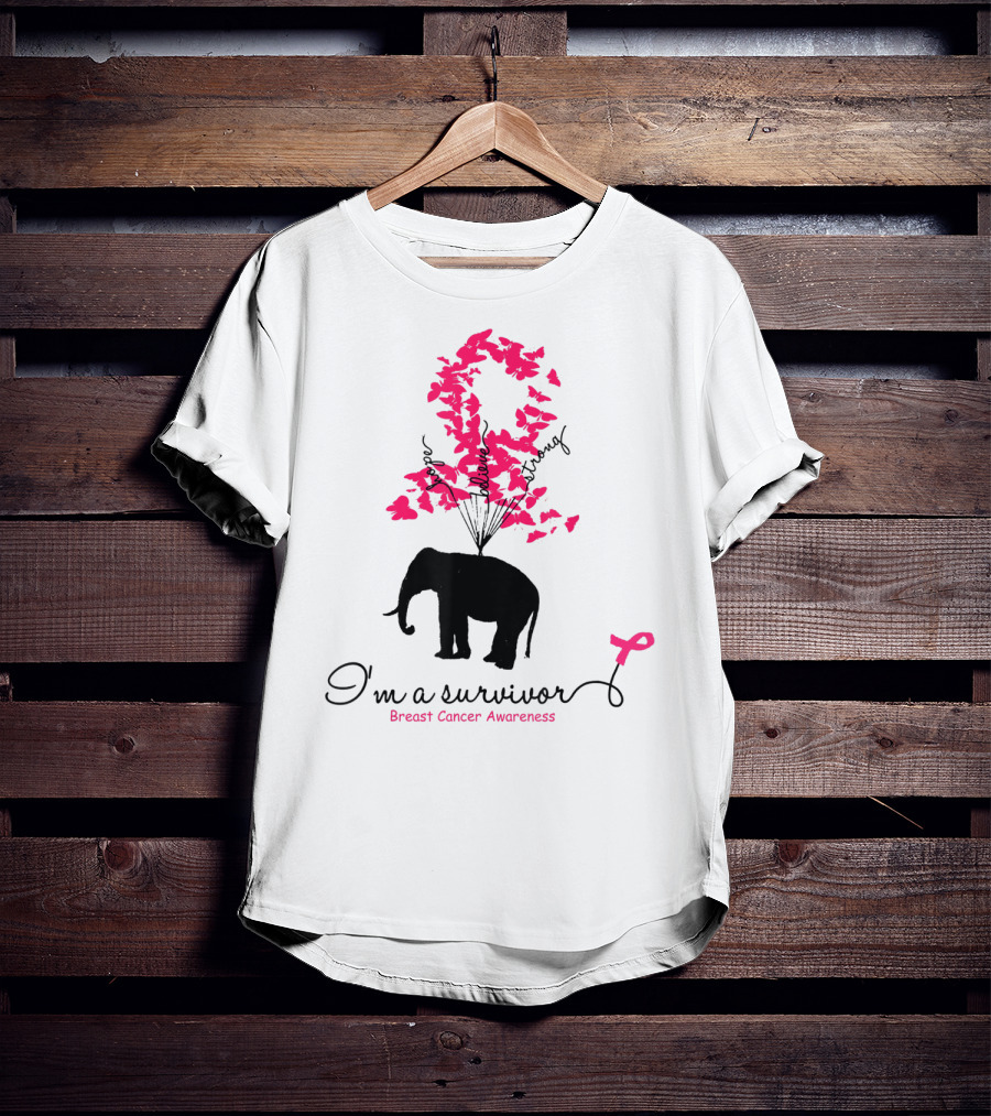 I'm A Survivor Breast Cancer Awareness Pink Ribbon Butterfly Elephant T-Shirt