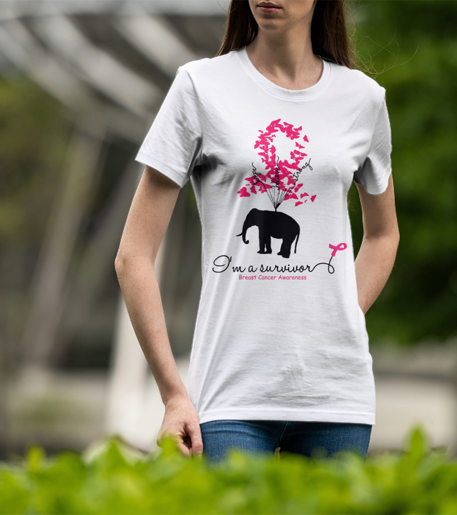 I'm A Survivor Breast Cancer Awareness Pink Ribbon Butterfly Elephant T-Shirt