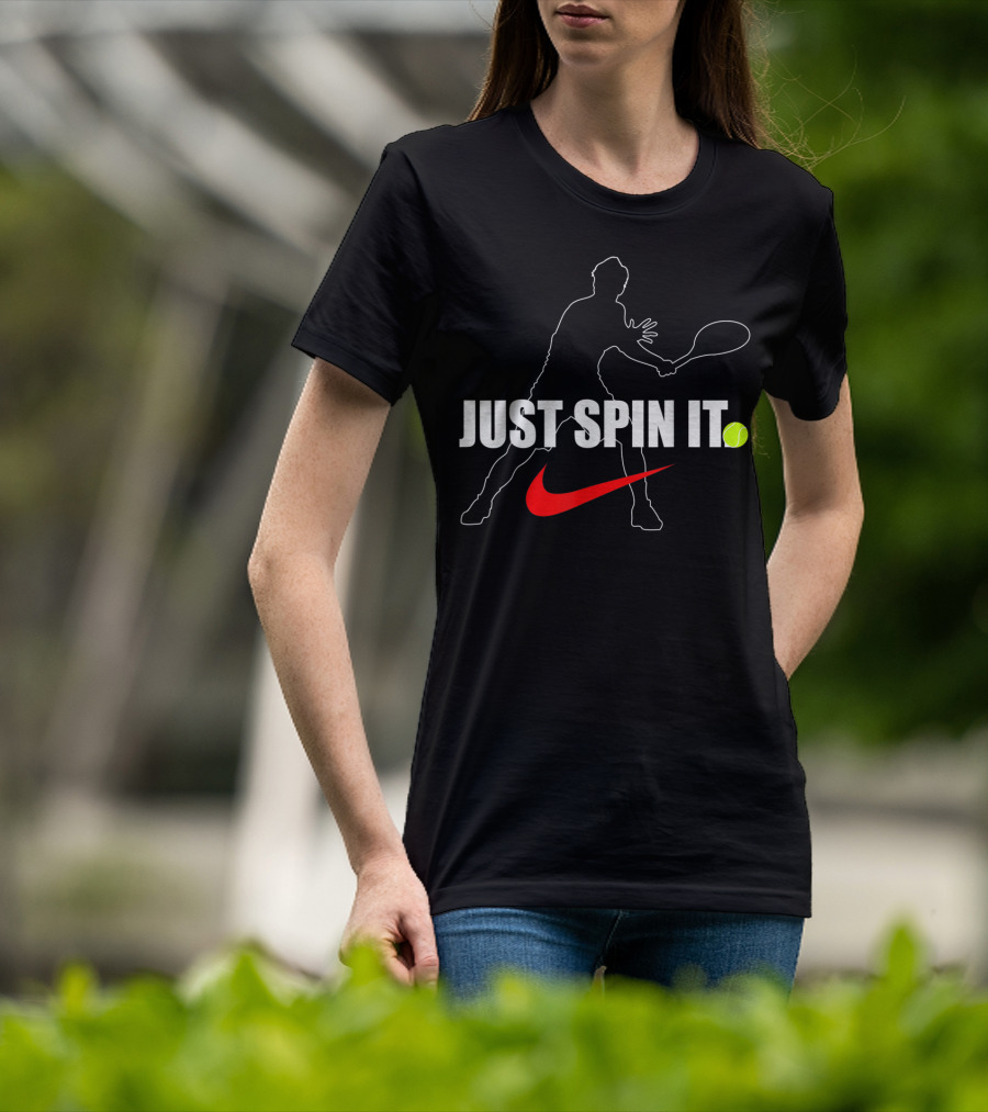 Just Spin It Funny Lawn Tennis Silhouette With Red Swoosh And Tennis Ball T-Shirt