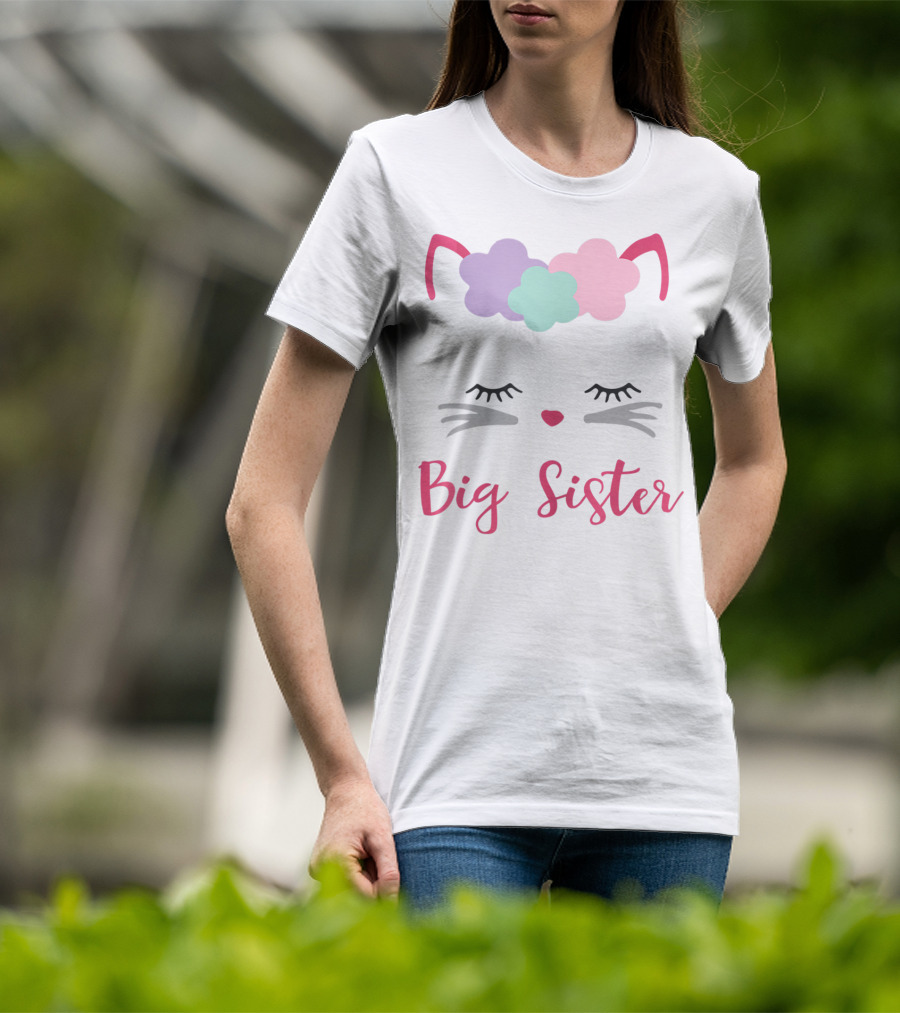 Big Sister Kitty Cat With Floral Headband T-Shirt