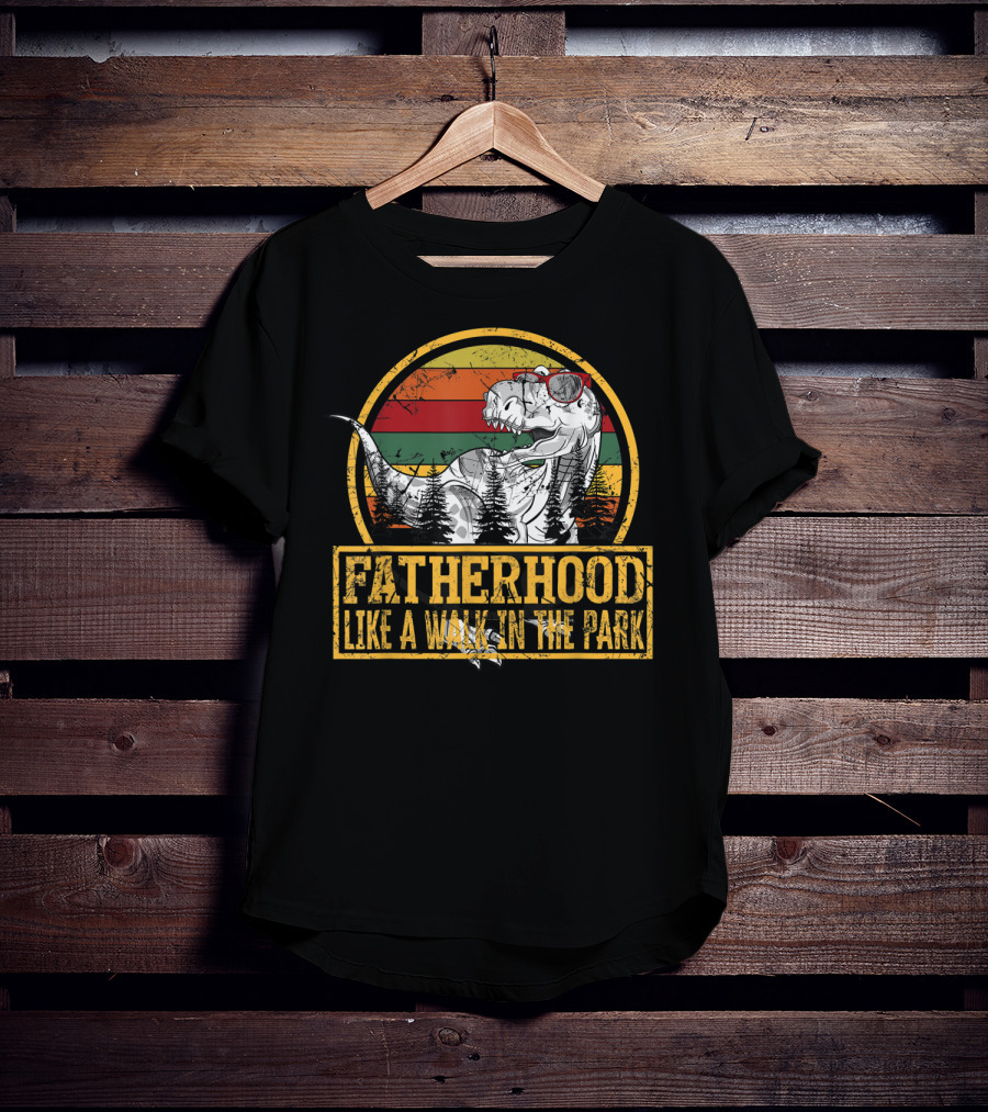 Fatherhood Like A Walk In The Park Dinosaur Theme With Retro Sunset And Trees T-Shirt