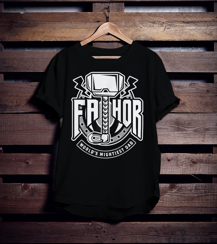 Mens Fathor World's Mightiest Dad Funny Cool Vik Hammer And Lightning T-Shirt