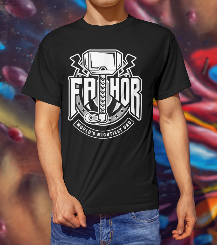 Mens Fathor World's Mightiest Dad Funny Cool Vik Hammer And Lightning T-Shirt
