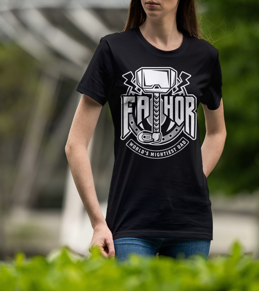 Mens Fathor World's Mightiest Dad Funny Cool Vik Hammer And Lightning T-Shirt
