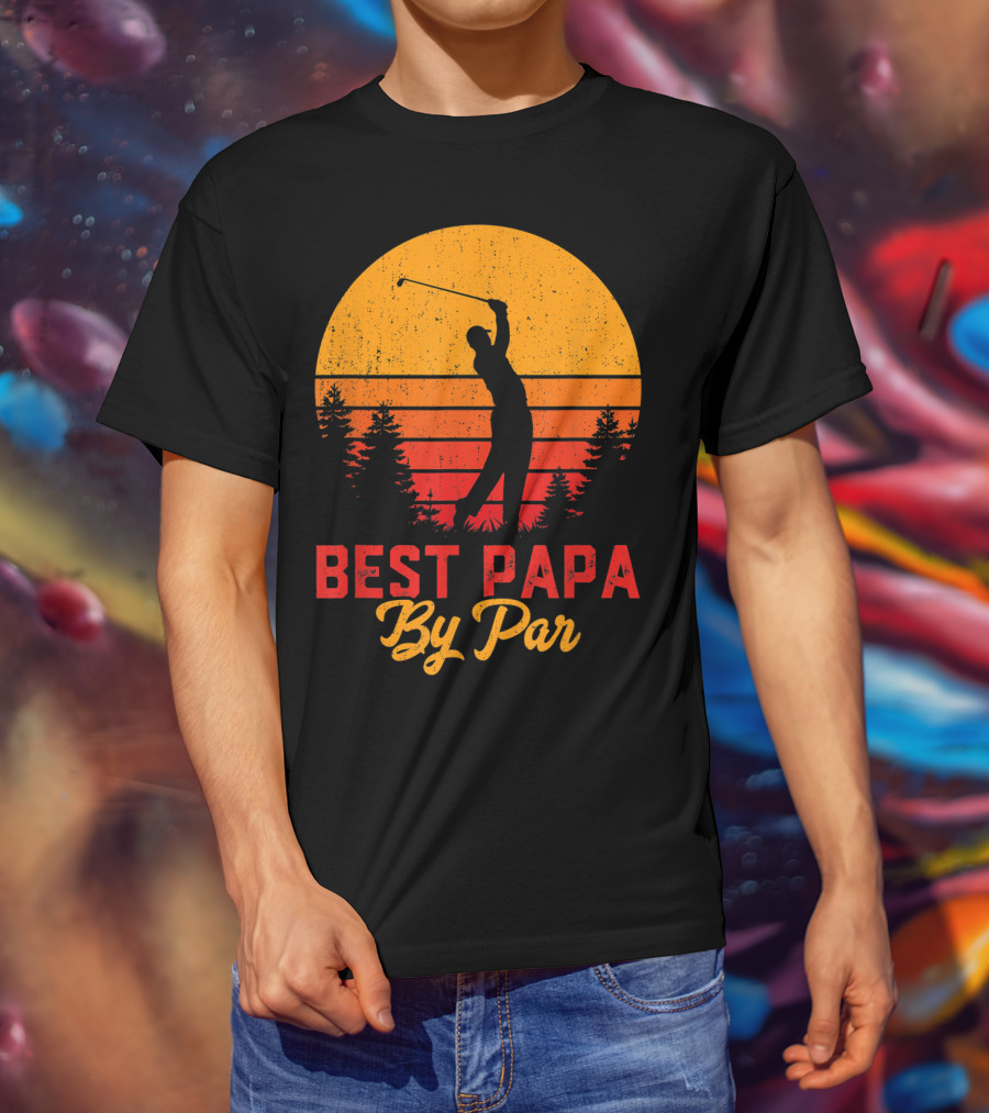 Mens Funny Father's Day Best Papa By Par Golf Silhouette Sunset T-Shirt