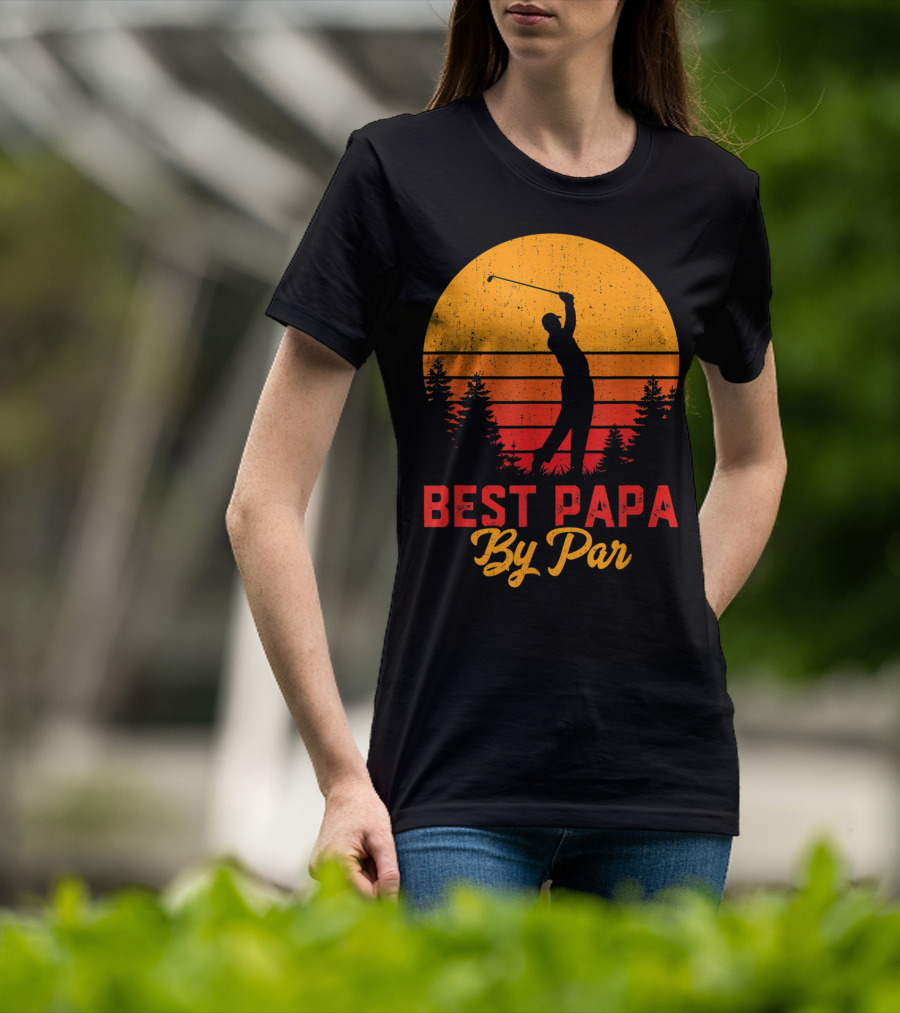 Mens Funny Father's Day Best Papa By Par Golf Silhouette Sunset T-Shirt