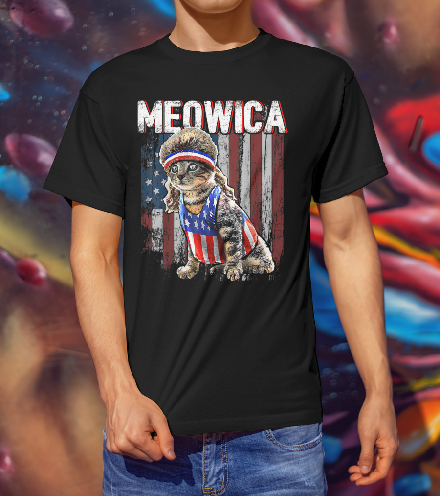 Meowica Cat Mullet American Flag Patriotic Kitten In Stars And Stripes Vest And Headband In Front Of American Flag T-Shirt