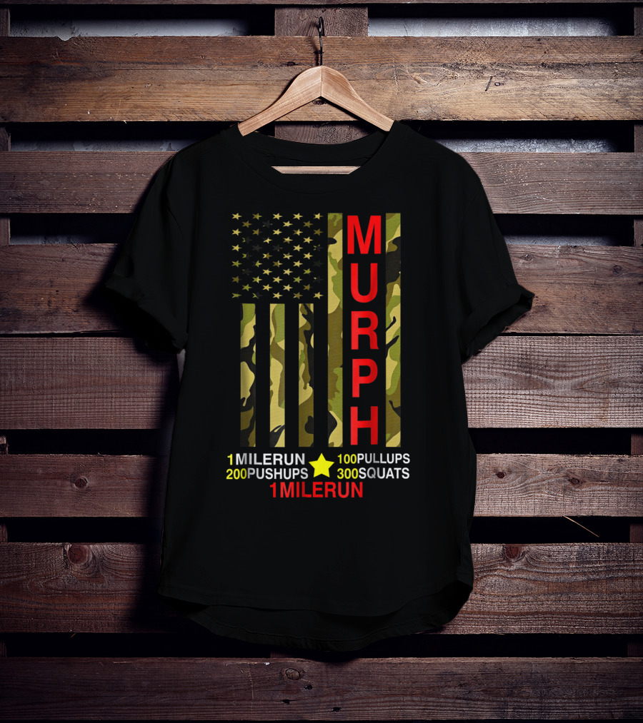 Murph Challenge Memorial Day Workout 1 Mile Run 100 Pullups 200 Pushups 300 Squats Camo Flag T-Shirt