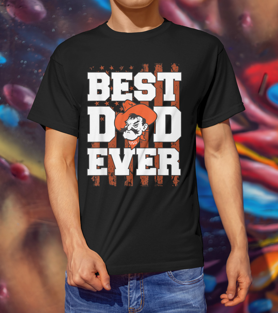 Oklahoma State Cowboys Best Dad Ever OSU Pistol Pete USA Flag T-Shirt