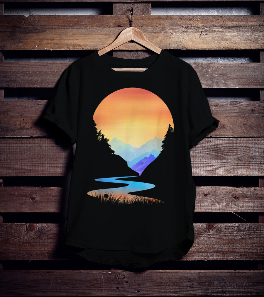 Outdoor Sunset Vintage Style Mountains Sun Nature River Landscape T-Shirt
