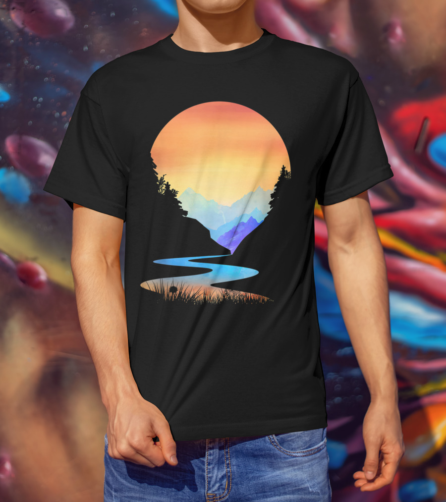Outdoor Sunset Vintage Style Mountains Sun Nature River Landscape T-Shirt