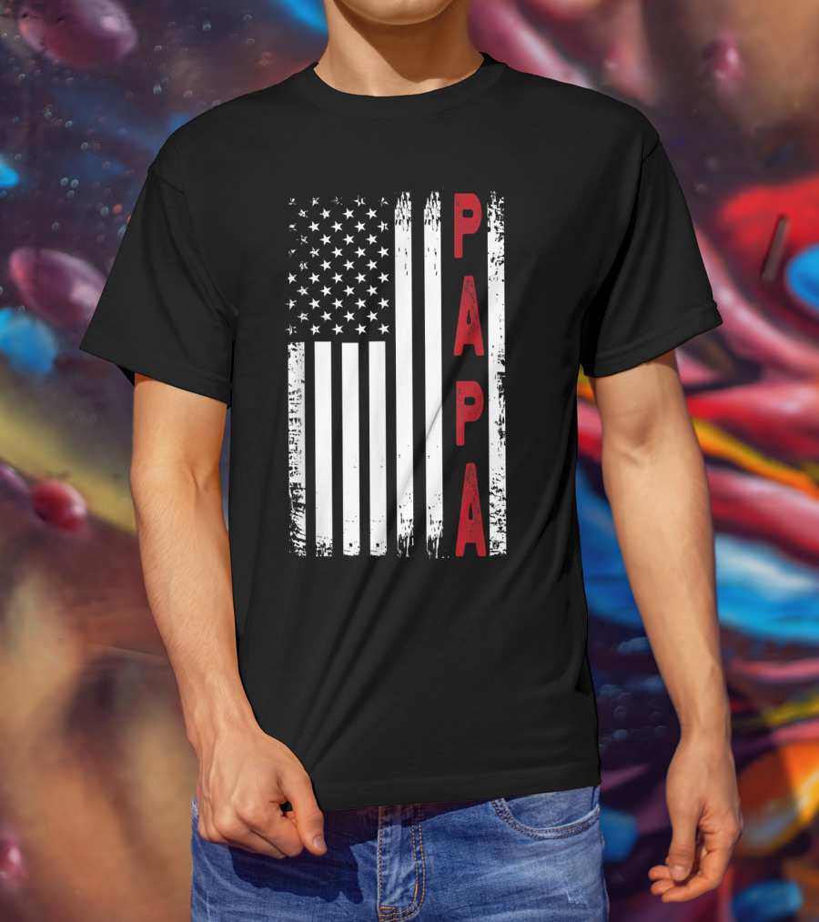 Papa Vertical Red Letters American Flag T-Shirt