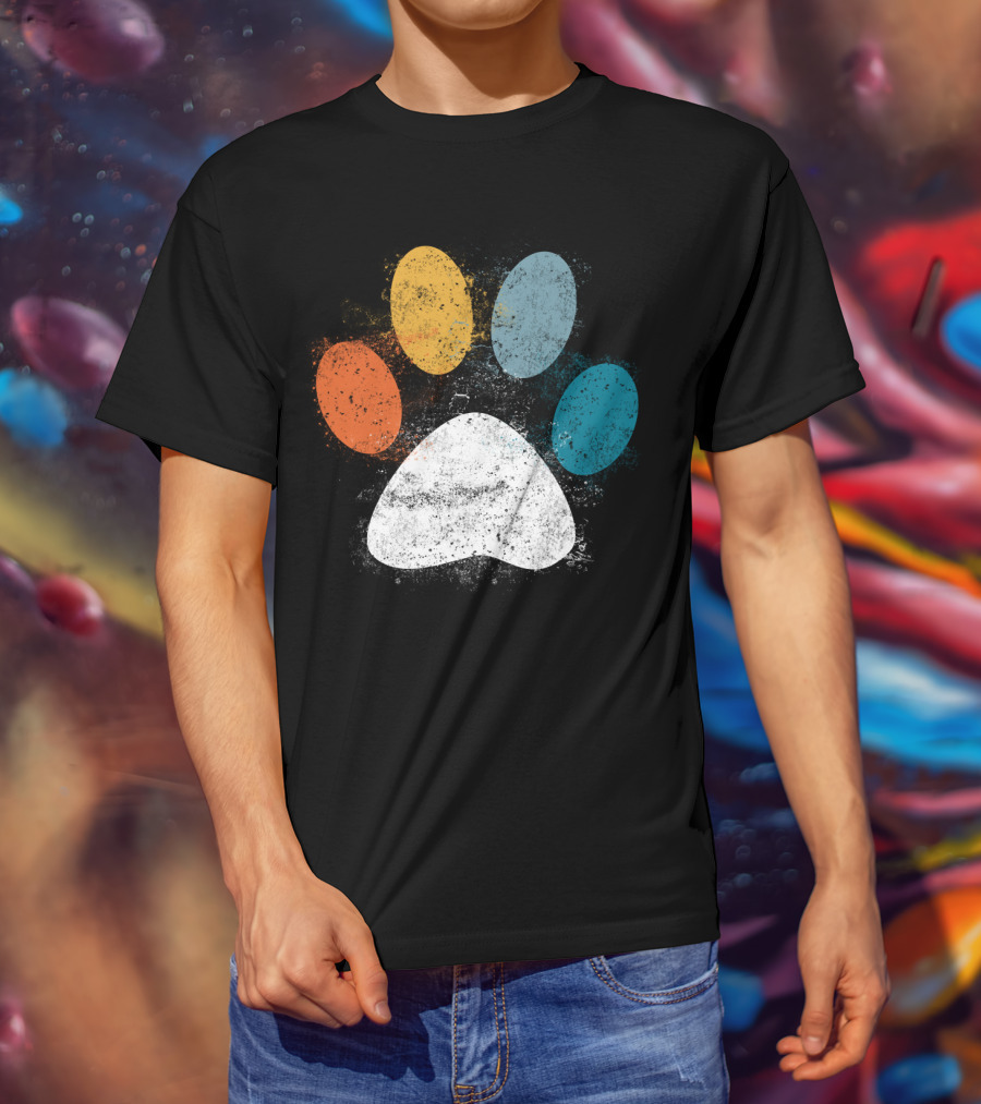 Vintage Distressed Multi-Color Dog Paw Print Love T-Shirt