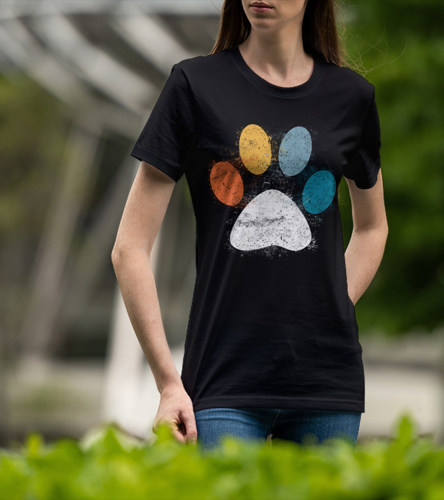 Vintage Distressed Multi-Color Dog Paw Print Love T-Shirt