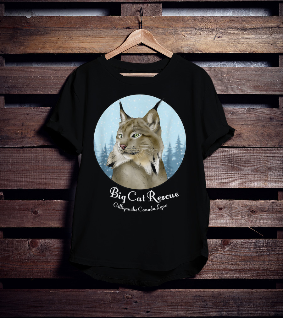 Big Cat Rescue Gilligan The Canada Lynx Snowy Forest Background T-Shirt