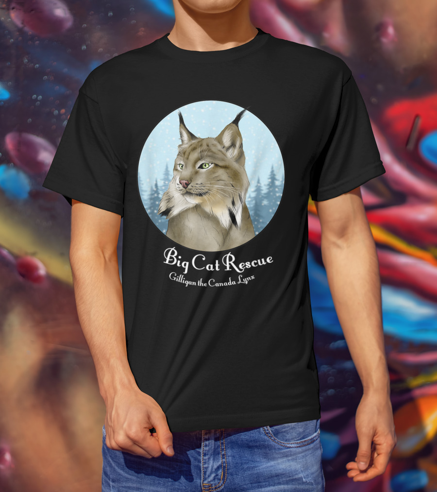 Big Cat Rescue Gilligan The Canada Lynx Snowy Forest Background T-Shirt