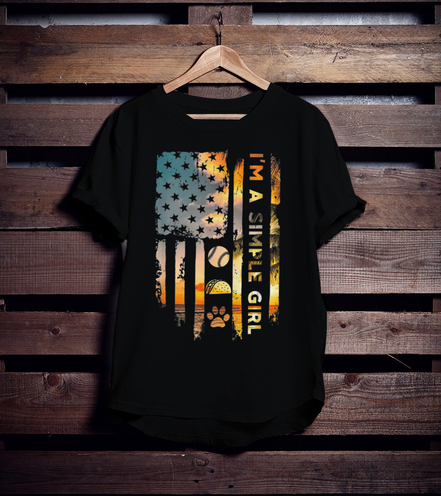 I'm A Simple Girl American Flag Softball Tacos Dogs Sunset T-Shirt