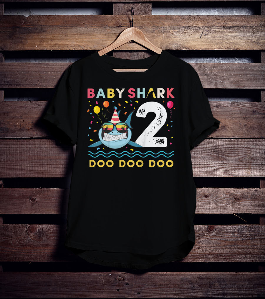 Baby Shark 2nd Birthday Doo Doo Doo Toddler Kids Party Hat Balloons T-Shirt