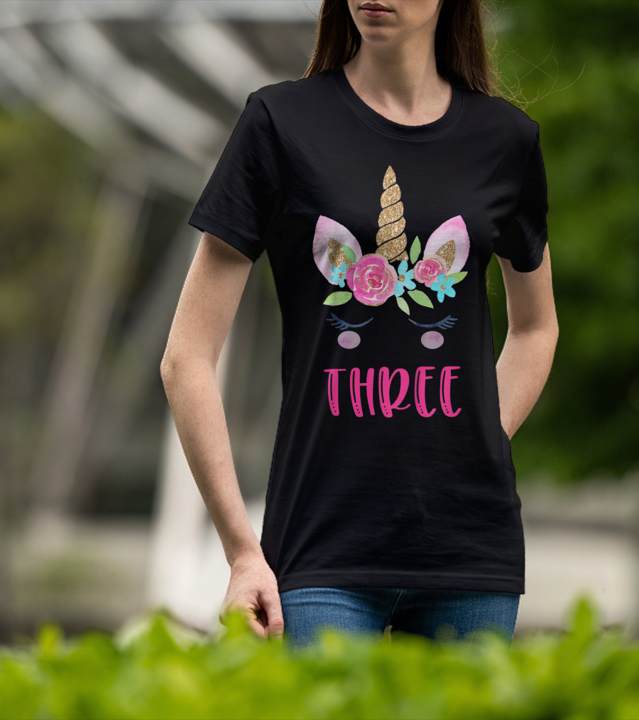 Three Unicorn Birthday Girl 3 Year Old Kids T-Shirt