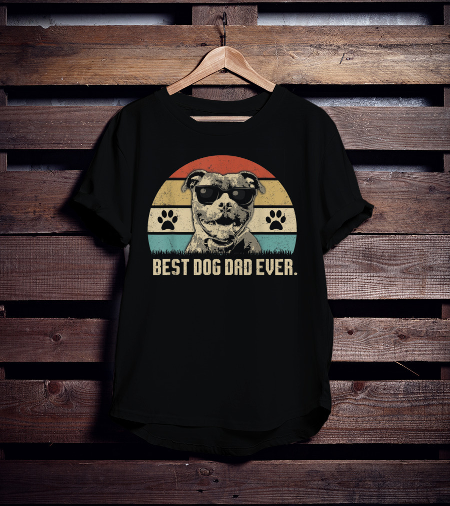 Vintage Best Dog Dad Ever Pitbull With Sunglasses And Paw Prints T-Shirt