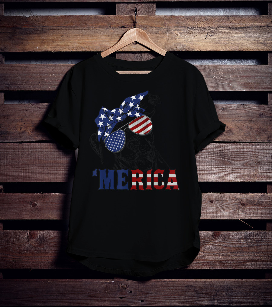 'Merica Patriotic Stars And Stripes Pitbull With USA Flag Glasses T-Shirt