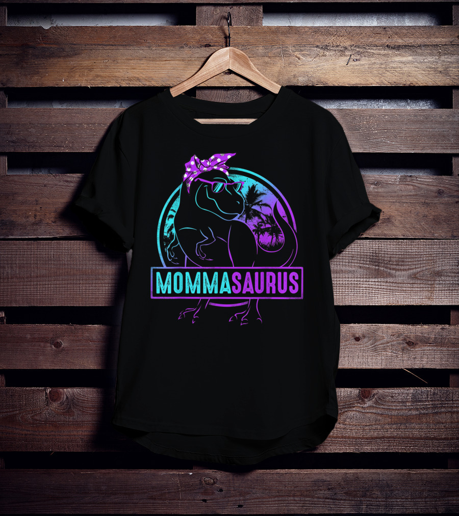 Mommasaurus Dinosaur With Bandana Sunglasses And Tropical Background T-Shirt