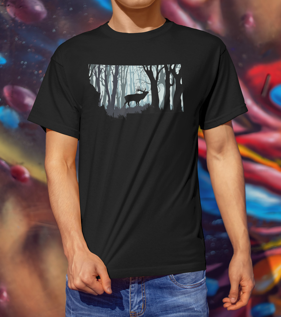 Montana Elk Hunting Silhouette In Forest T-Shirt