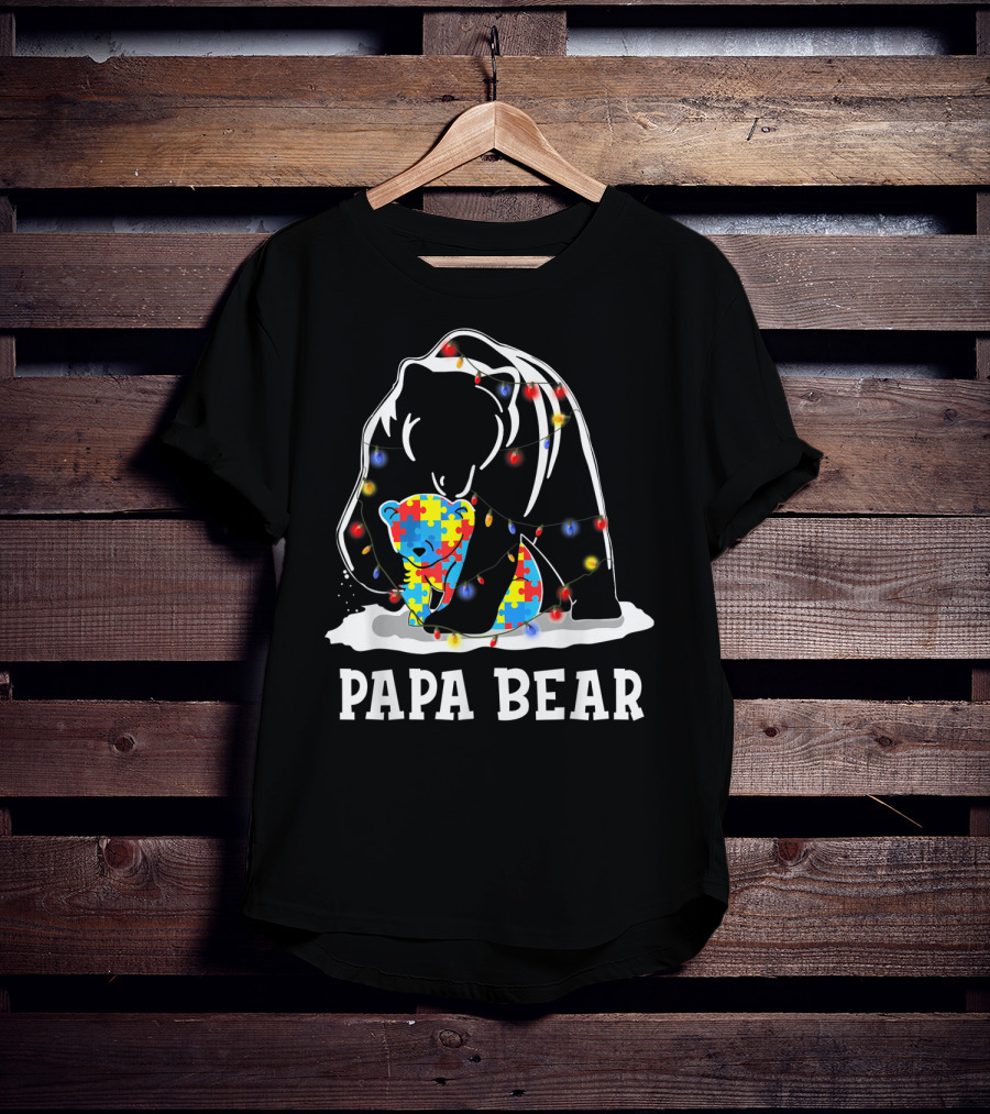 Papa Bear Autism Awareness Puzzle Piece Lights T-Shirt