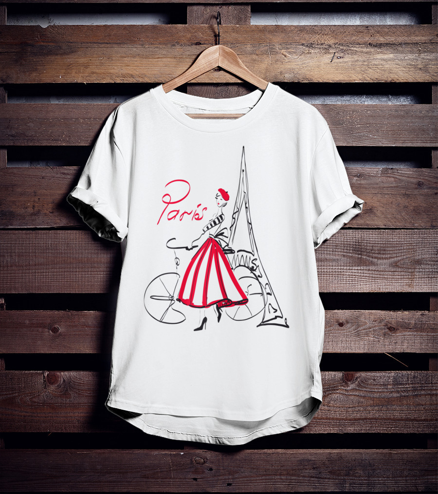 Paris Bicycle Woman With Eiffel Tower In Red Dress T-Shirt