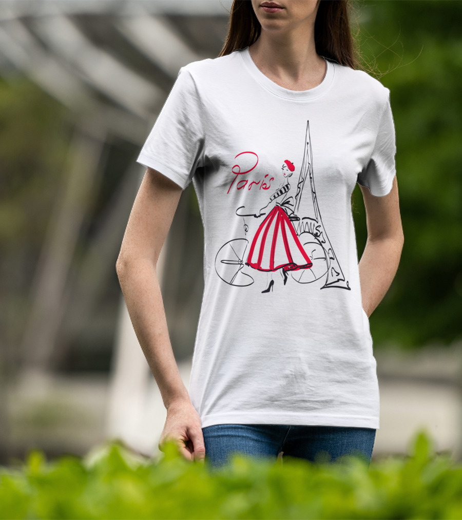Paris Bicycle Woman With Eiffel Tower In Red Dress T-Shirt