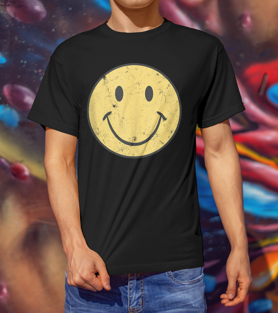 Retro 70s Smiley Face Distressed Yellow T-Shirt