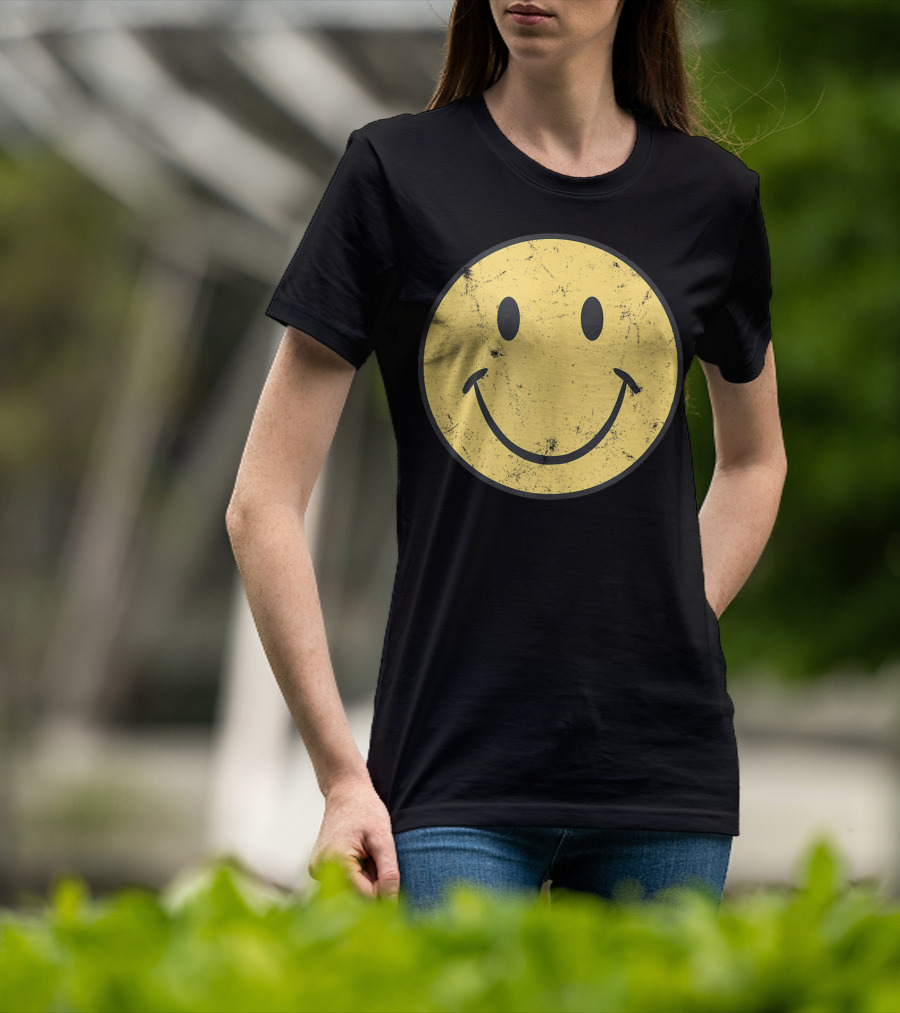Retro 70s Smiley Face Distressed Yellow T-Shirt