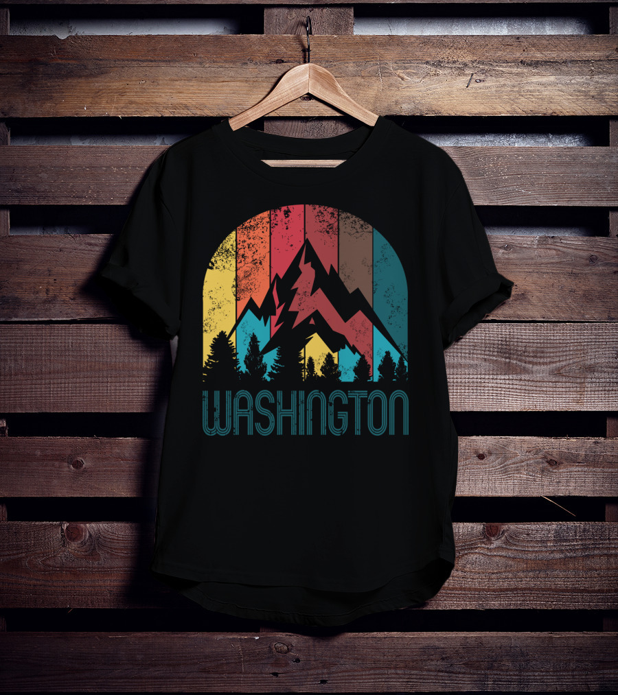 Washington Retro Mountain Landscape Forest Silhouette Vintage Multicolor Stripes T-Shirt