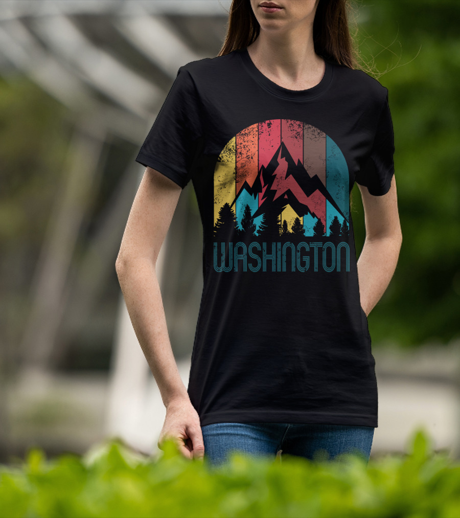 Washington Retro Mountain Landscape Forest Silhouette Vintage Multicolor Stripes T-Shirt