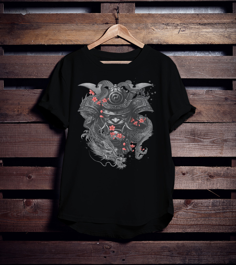 Samurai Warrior Dragon Cherry Blossoms Japanese Bushido Knight T-Shirt