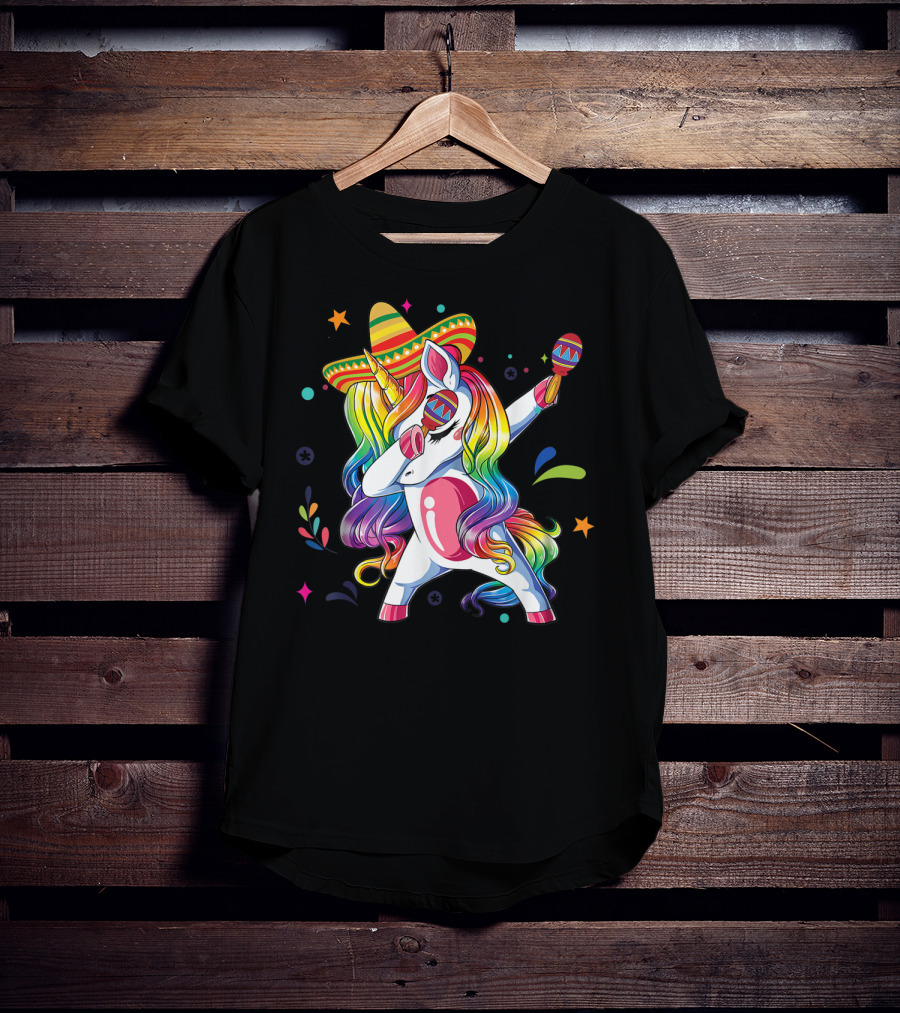 Sombrero Wearing Dabbing Unicorn With Maracas For Cinco De Mayo T-Shirt