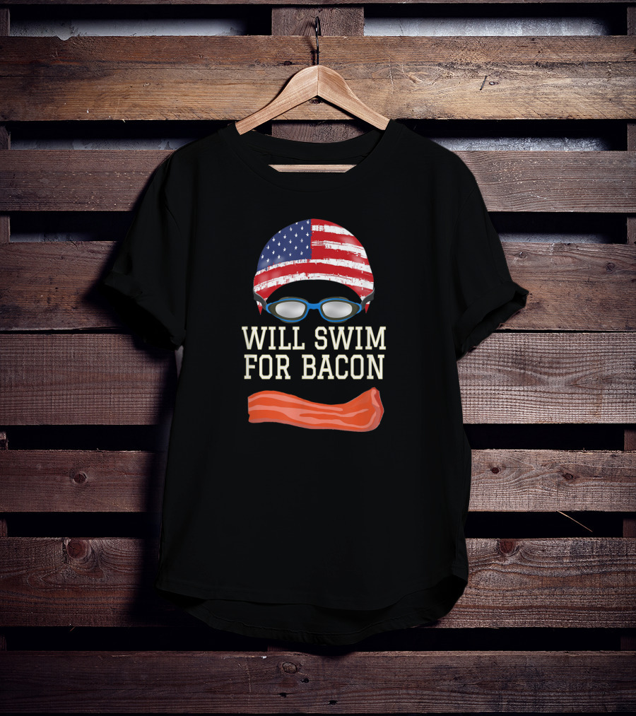 Will Swim For Bacon Funny Swimming Goggles Cap USA Flag T-Shirt