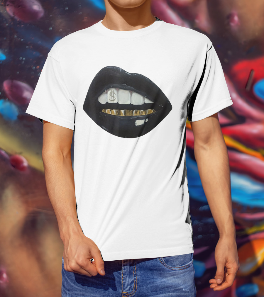 Red Black Lips Gold Teeth Dollar Smile T-Shirt