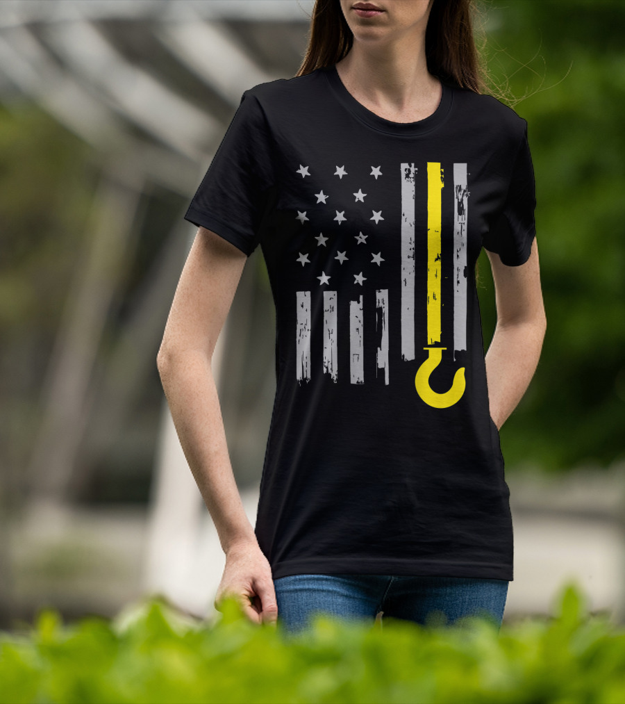 Tow Truck Driver American Flag Yellow Line Hook T-Shirt