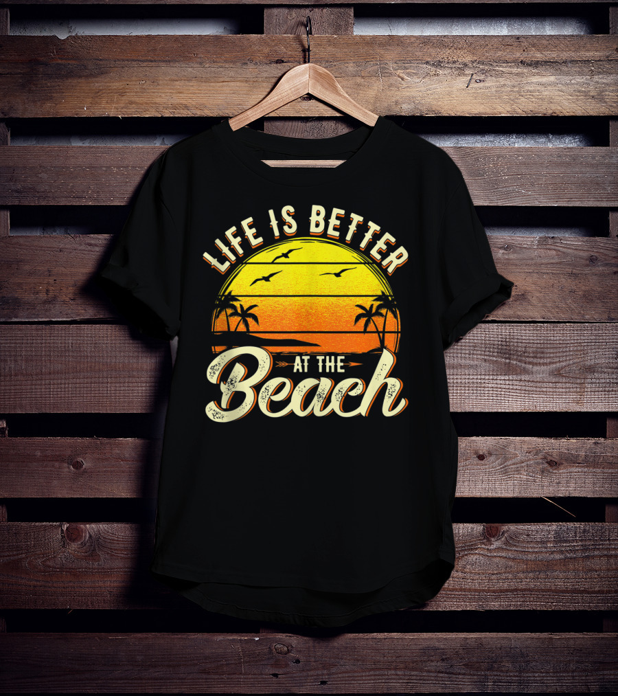 Life Is Better At The Beach Tropical Sunset With Palm Trees And Seagulls T-Shirt
