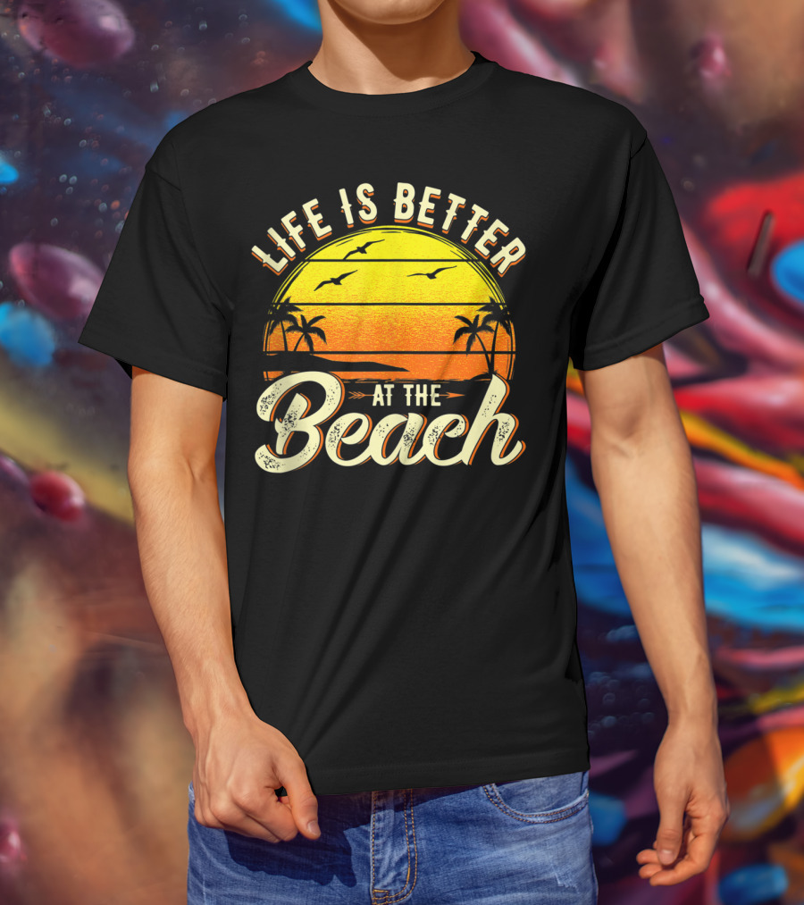 Life Is Better At The Beach Tropical Sunset With Palm Trees And Seagulls T-Shirt