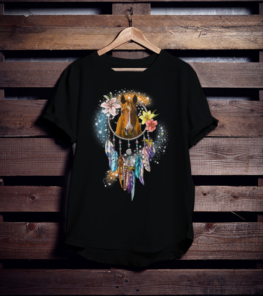 Horse Dreamcatcher Floral Feathers Sparkle T-Shirt