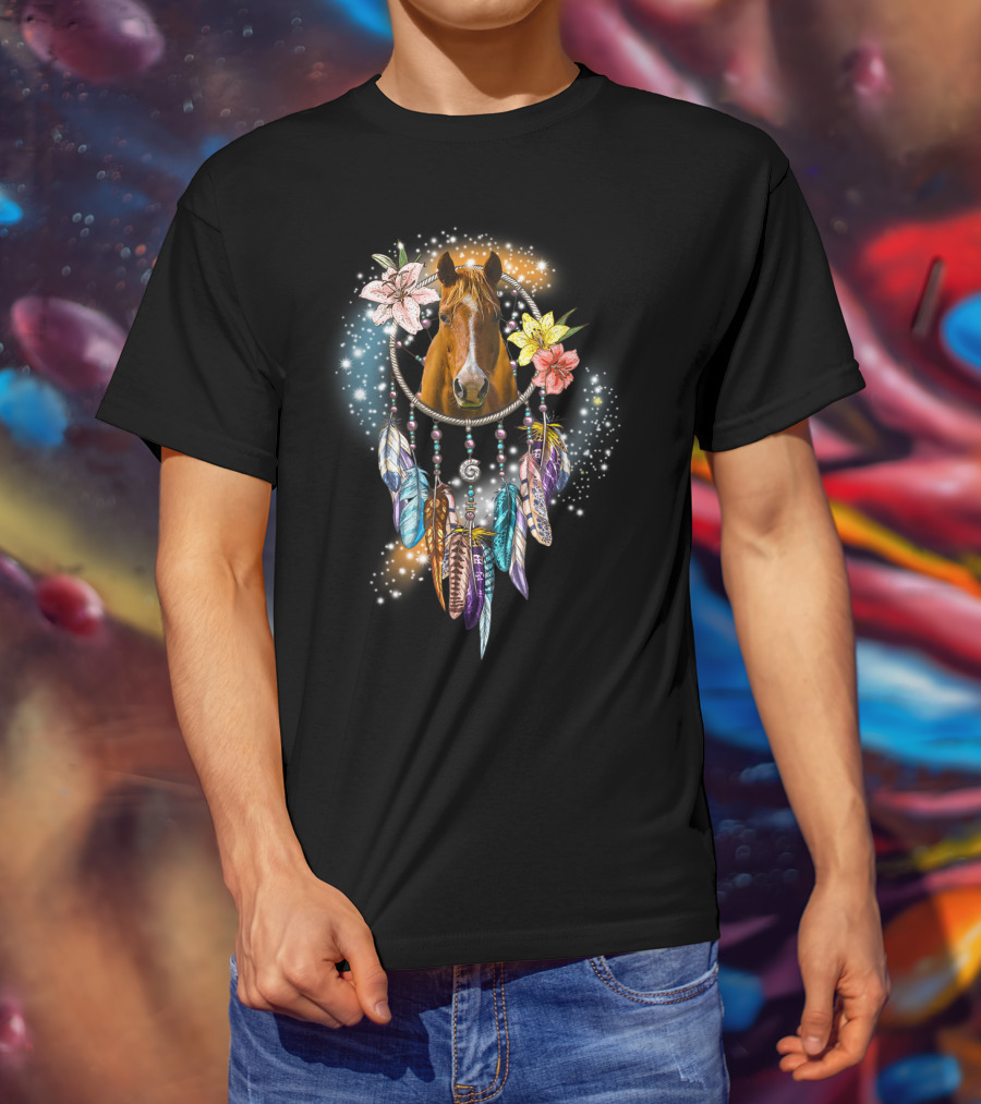 Horse Dreamcatcher Floral Feathers Sparkle T-Shirt