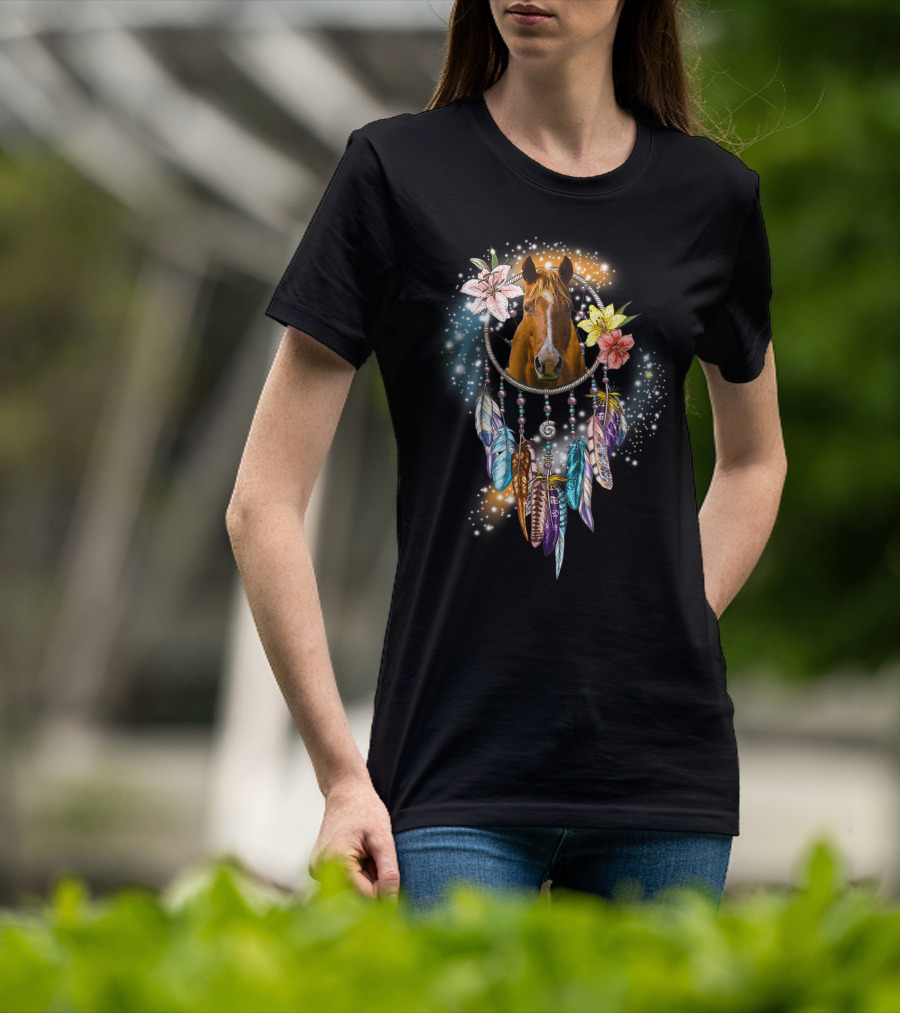 Horse Dreamcatcher Floral Feathers Sparkle T-Shirt