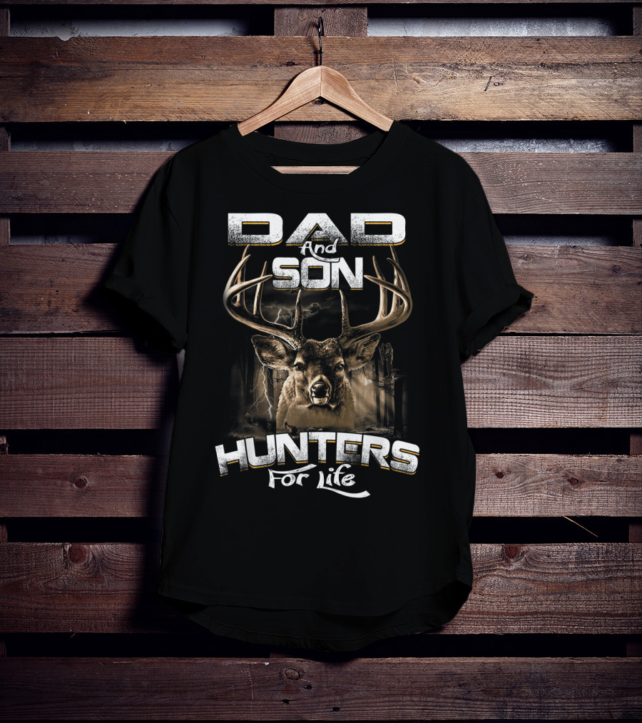 Dad And Son Hunters For Life Deer Antlers Forest Scene T-Shirt